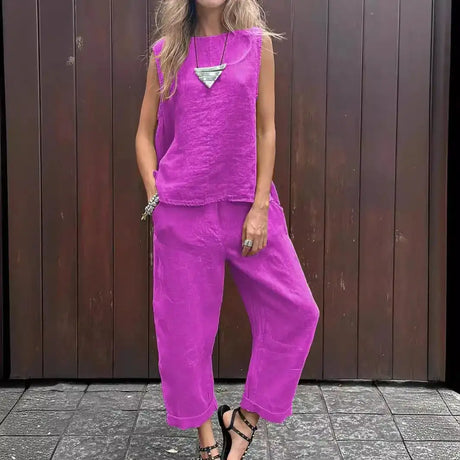 Summer Cotton And Linen Casual Outfits Female Fashion Solid Color Two-piece Set For Women Sleeveless Top Trousers Women's Suit - Lootquake