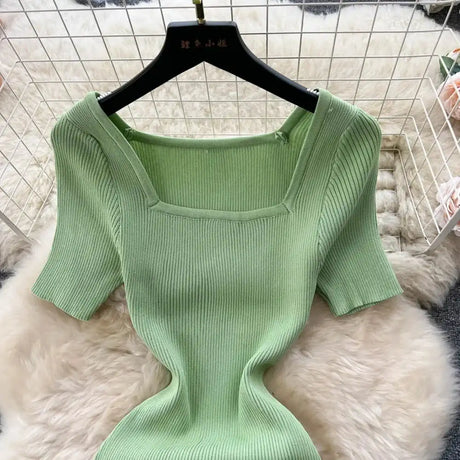 Green 2024 Sexy Summer Knit Short Sleeve Dress Women Squar Collar Waist Bodycon Sundress Female Beach  Backless Long Dress - Lootquake