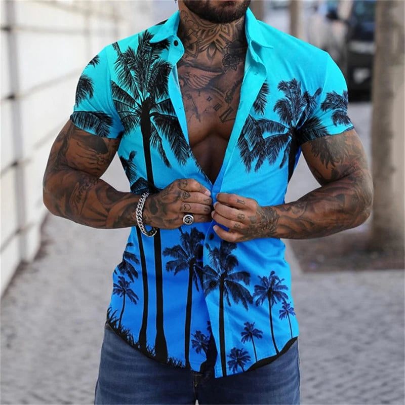 Camisas hawaianas informales con estampado de cocotero, tendencia de moda, camisas de playa con solapa de manga corta y estampado 3D, blusa holgada para vacaciones para hombre