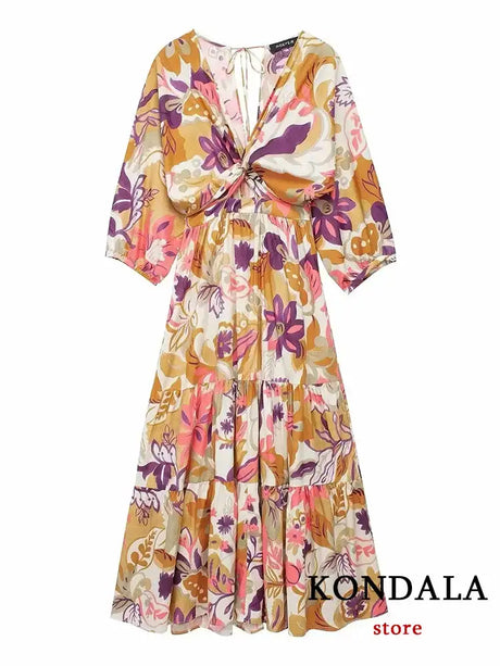 TRAFZA Vintage Flower Print Long Dress Women V Neck Short Sleeve Hollow Out Sexy Beach Dress Fashion 2024 Summer Holiday Dress - Lootquake
