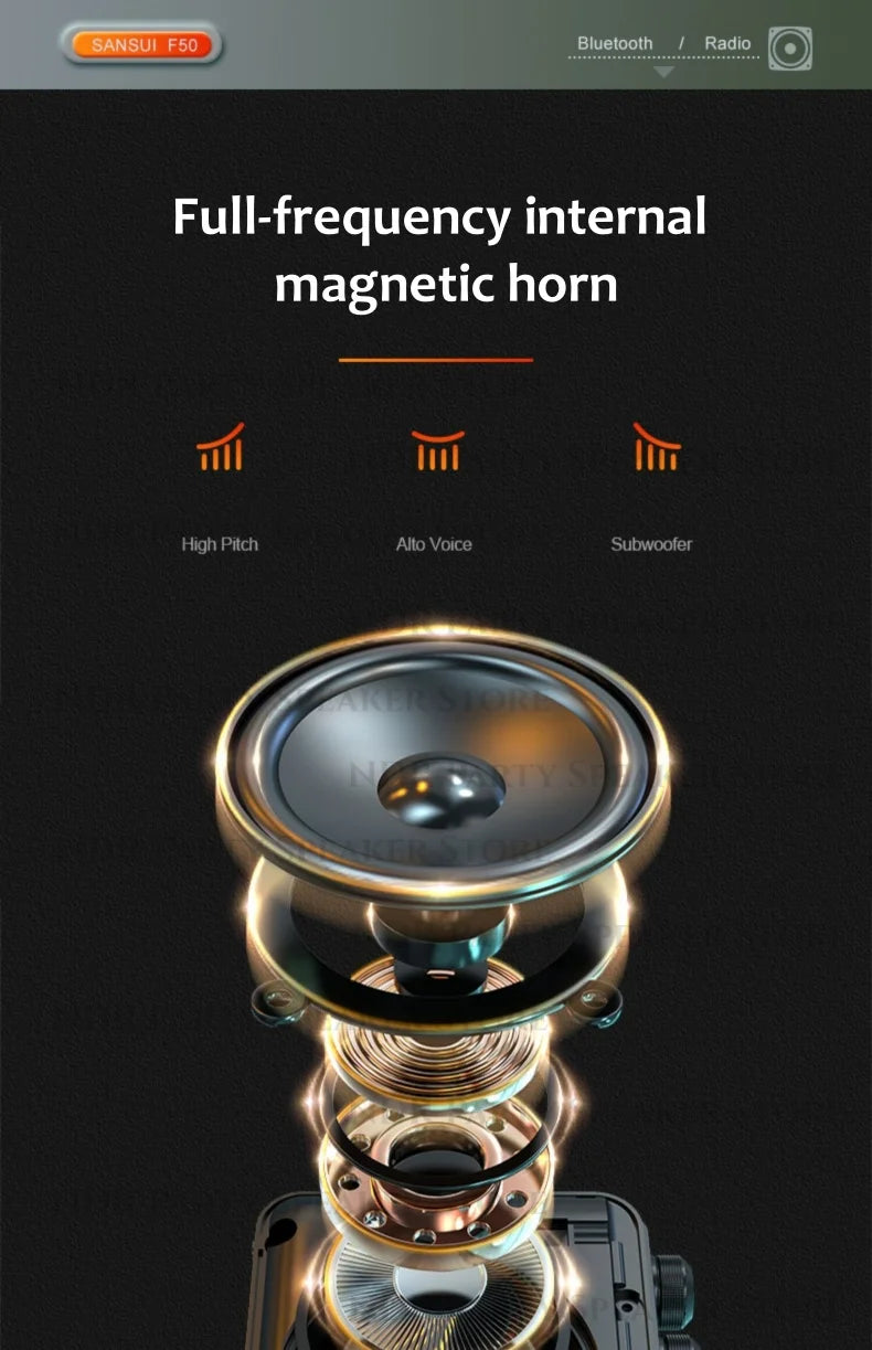 Enceintes Bluetooth sans fil SANSUI, radio pleine bande, lecteur vidéo LED HD, baladeur MP4 portable, batterie rechargeable intégrée