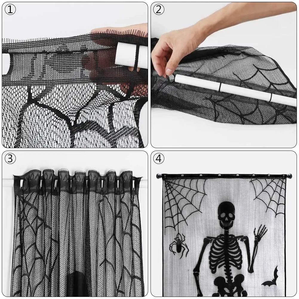 Halloween Window Decorations Halloween Door Curtain Skeleton & Bat Black Lace Panel for Haunted House Decor