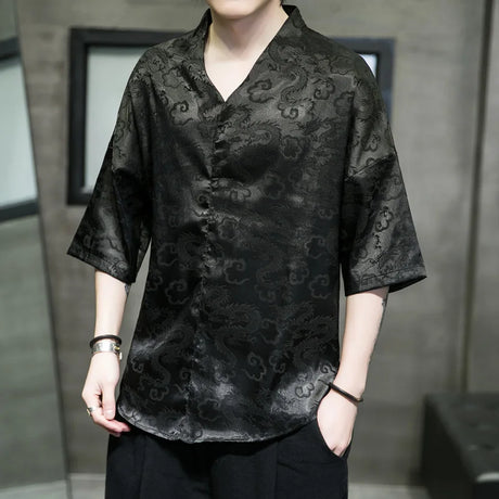 M-5XL Plus Size Men Dragon Pattern Shirt Short Sleeve V Neck Summer Streetwear Stain Chinese Pullover Blouse for Men XXXXXL - Lootquake