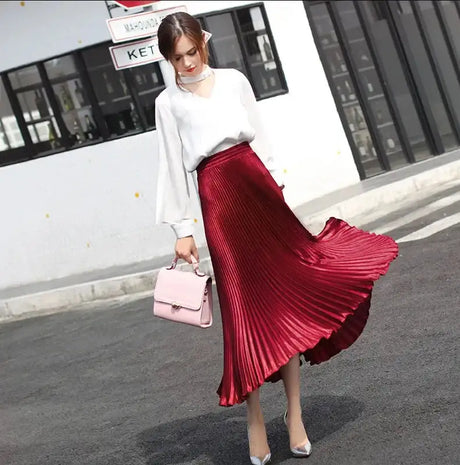 High-Waisted Vintage A- Line Accordion Skirt European Style Pleated Dress Metal Color Wide Hemline Long Dress For Women - Lootquake