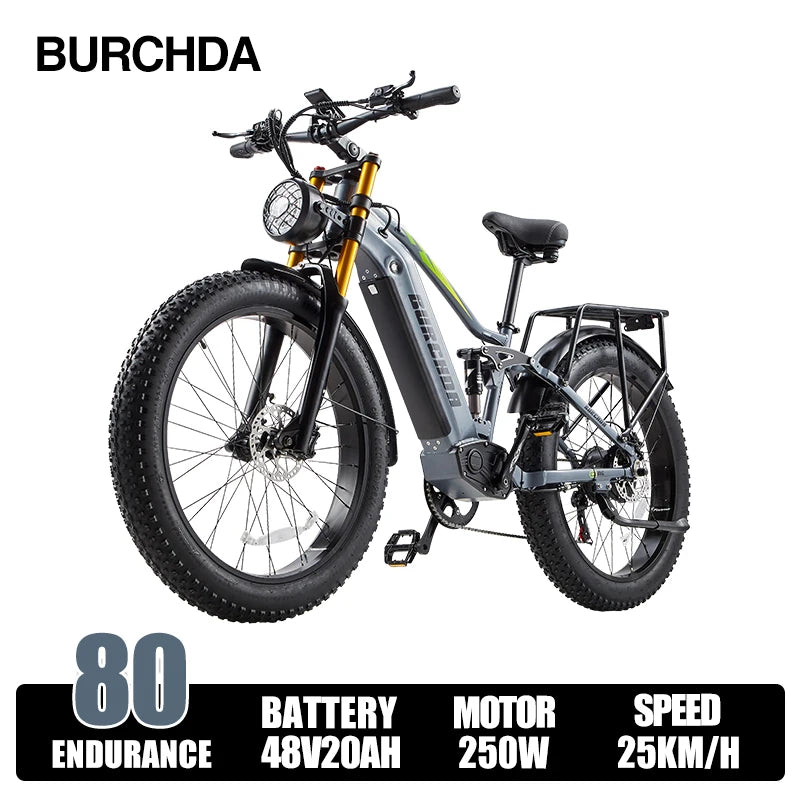 Bicicleta eléctrica de montaña Burchda RX80 de 1000 W y 50 km/h, batería de litio de 48 V y 20 Ah, de 26 pulgadas, para adultos.