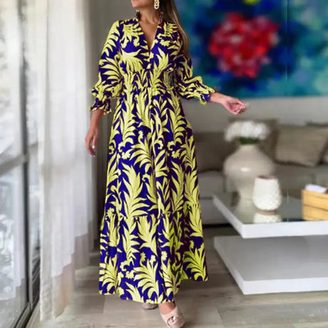 Europe And America Cross Border Autumn/Winter New Long Dress with Waist Pullover And Bohemian Print Long Sleeve Large Swing - Lootquake