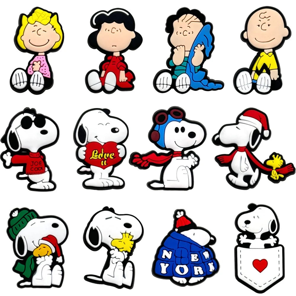 1 à 12 breloques de chaussures MINISO Snoopy, accessoires de dessin animé, sabots classiques, sandales, décoration de chaussures de jardin, bracelets, boucles, cadeaux pour enfants