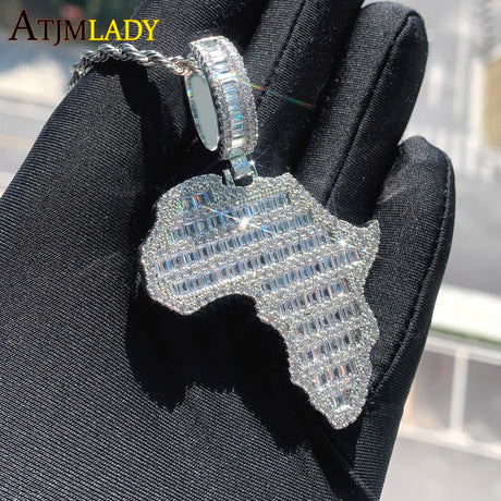 New Arrive Rectangle Cubic Zirconia CZ Paved Bling Africa Map Shaped Pendant Necklace Hip Hop Men Boy Cool Meaning Jewelry - Lootquake