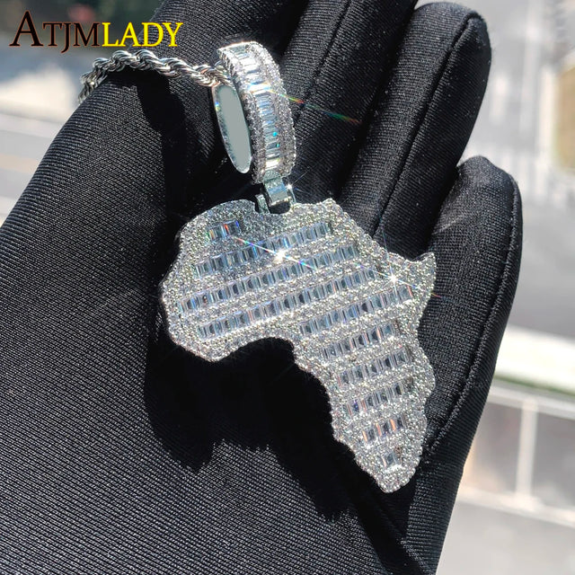 New Arrive Rectangle Cubic Zirconia CZ Paved Bling Africa Map Shaped Pendant Necklace Hip Hop Men Boy Cool Meaning Jewelry - Lootquake
