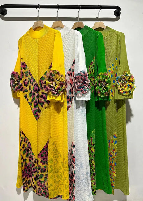 2024 Miyake Fashion Splicing Leopard Print Maxi Dress with Round Neck Hand Shake Flower Horn Sleeves Long Loose Fit Long Dress - Lootquake