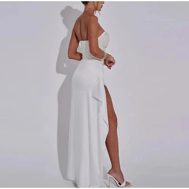 Satin Shiny Sequins Party Long Dress Women Sexy Strapless Sleeveless Backless High Split Dresses 2025 INS Lady Evening Gown - Lootquake