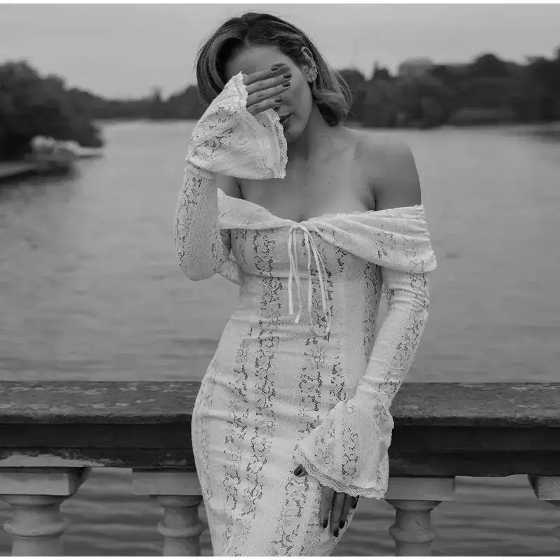 Lace Hollow Out One-shoulder Slim Long Dress For Women Solid Lace Up Waistless Dresses 2024 Chic Sexy Female Party Date Robes - Lootquake