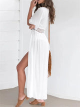 2024 Summer Bikini Cover-ups Women Bohemian Beach Long Dress Short Sleeve Lace Hollow Out Cardigan Swimwear Cover Ups Beachwear - Lootquake