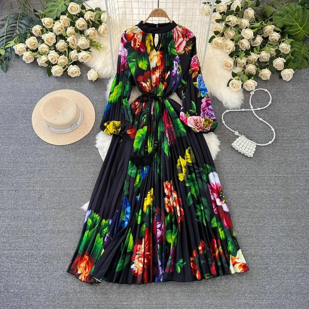 Spring Holiday Print Long Dress For Women Fashion Loose Lantern Sleeve Party Robe Female Big Swing Tassels Belt Pleated Clothes - Lootquake