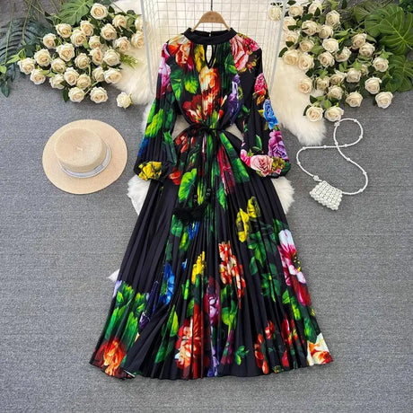 Spring Holiday Print Long Dress For Women Fashion Loose Lantern Sleeve Party Robe Female Big Swing Tassels Belt Pleated Clothes - Lootquake