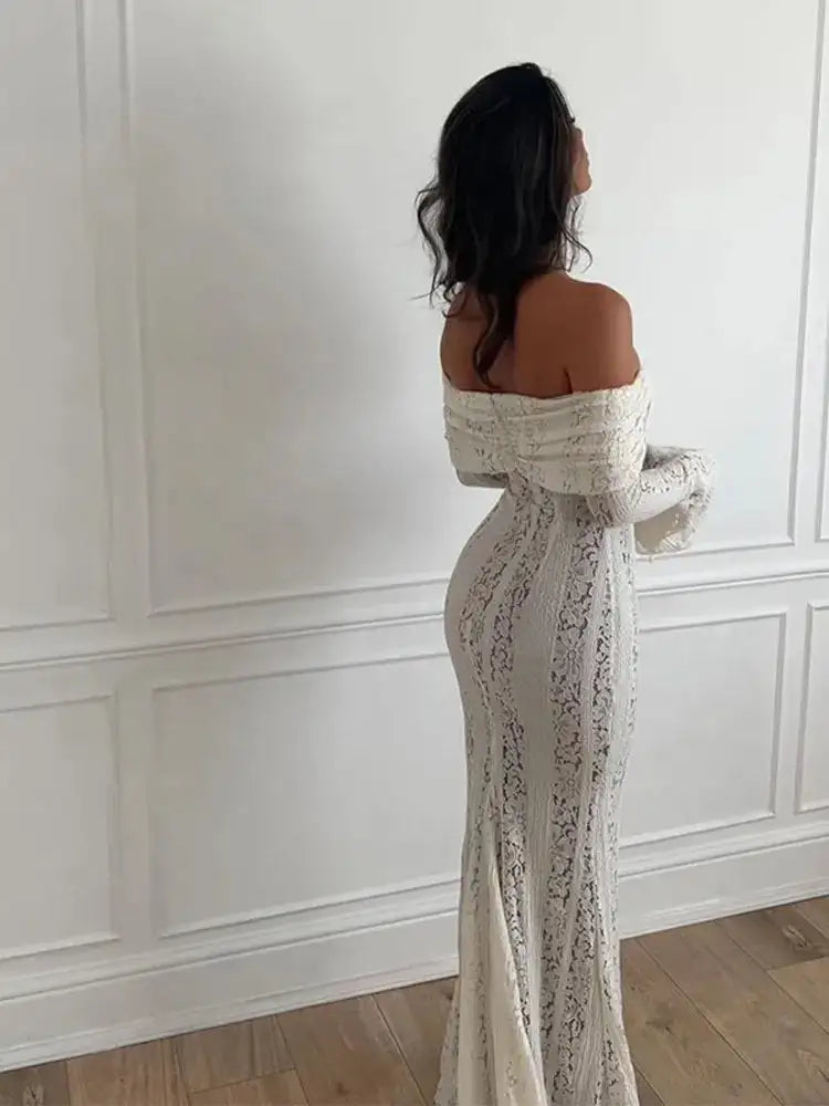 Lace Hollow Out One-shoulder Slim Long Dress For Women Solid Lace Up Waistless Dresses 2024 Chic Sexy Female Party Date Robes - Lootquake