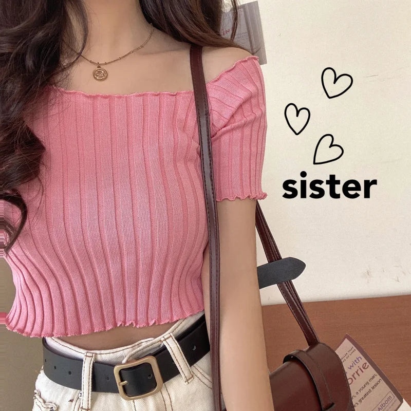 1pc Summer Korea Design Sexy Style Off Shoulder Shirt Fashion Solid Color Printing Lady's Causal Top - Lootquake