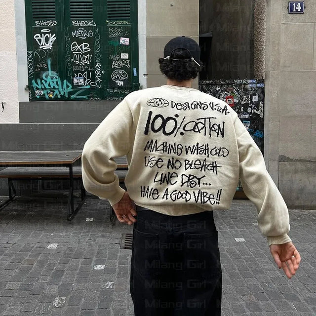 Men Sweater Winter Letters Graphic Pullover Harajuku Casual Loose Cotton Streetwear Sweater Women Hip Hop Knitted Sweater Unisex - Lootquake