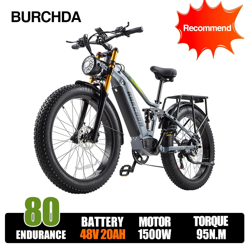 Bicicleta eléctrica de montaña Burchda RX80 de 1000 W y 50 km/h, batería de litio de 48 V y 20 Ah, de 26 pulgadas, para adultos.