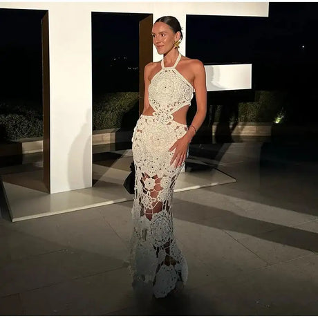 Fashion Hollow Out Halter Maxi Dress For Women 2024 Sexy Sleeveless Backless Long Dress Holiday Hook Flower Knitted Beach Robe - Lootquake