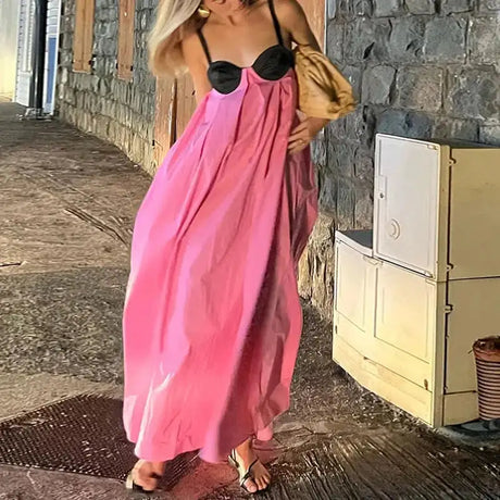 Sexy Backless Beach Dress Women 2024 Holiday Sleeveless Loose Slip  Long Dress Street Fashion Panelled Bandage Summer Lady Robe - Lootquake
