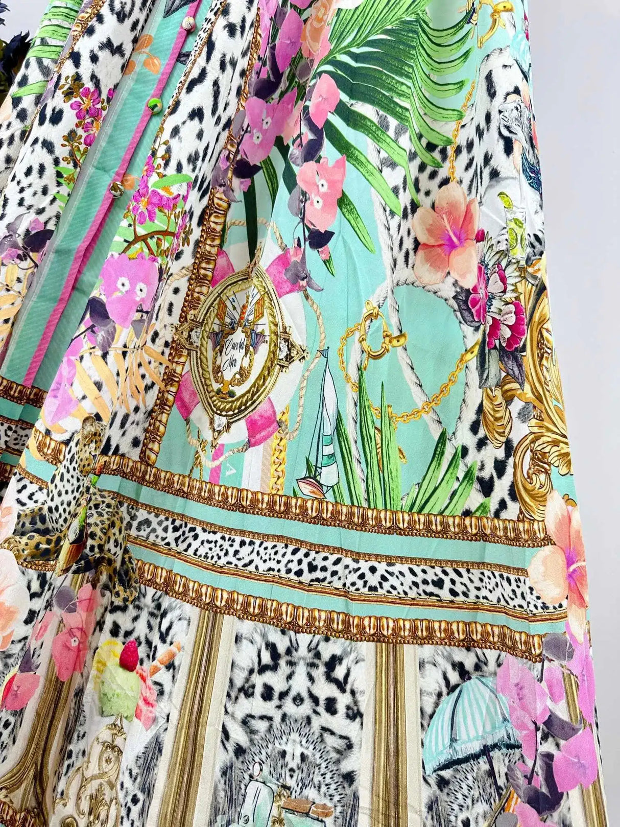2024 Spring New V Neck Pink Leopard Print Heavy Beaded Women 100% Silk maxi long Dress - Lootquake