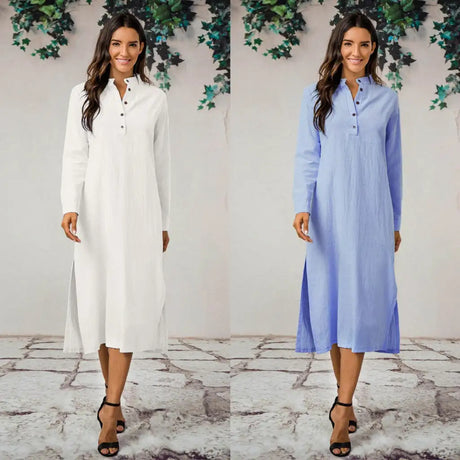 2023 Pre Autumn New Pure Color Dresses For Women Cotton Long Sleeve Plain Oversized Maxi Long Dress Casual Summer Loose Dress - Lootquake