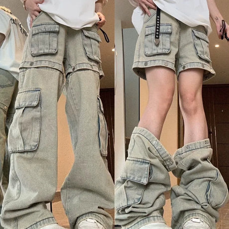 American New Detachable Design Sense Tooling Jeans Female Y2K Fashion Gothic Retro High Street Straight Small Vibe Waisted Pants - Lootquake
