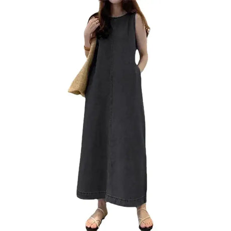 Women's Sleeveless Denim Long Dress Fashionable Round Neck Sleeveless Pocket Denim Skirt Loose Vest Denim Long Dress - Lootquake