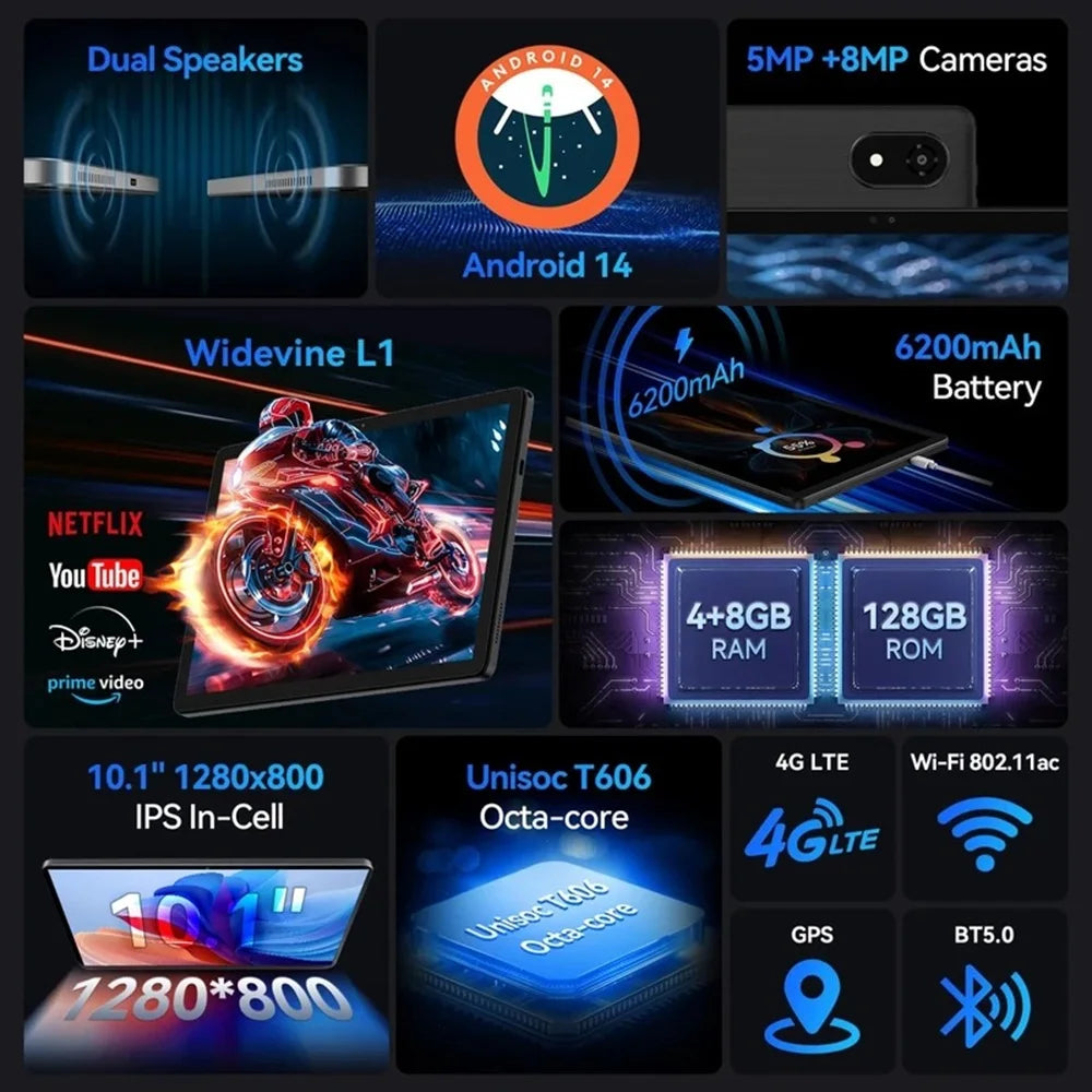 Tablette Alldocube iplay 60S 4G-LTE/WiFi 10,1 pouces, 4 Go + 8 Go de RAM, 128 Go de ROM, système d'exploitation Android 14, grande batterie 6200 mAh, Wi-Fi 6