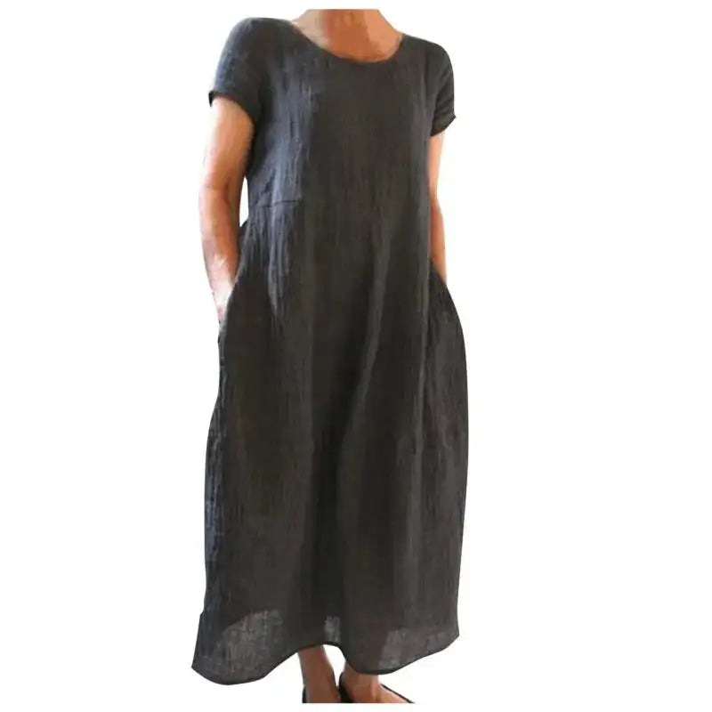 Spring Summer Woman Long Dress Office Lady Fshion Casual Loose Solid O-neck Short Sleeve Dresses For Women 2024 Female Robe - Lootquake