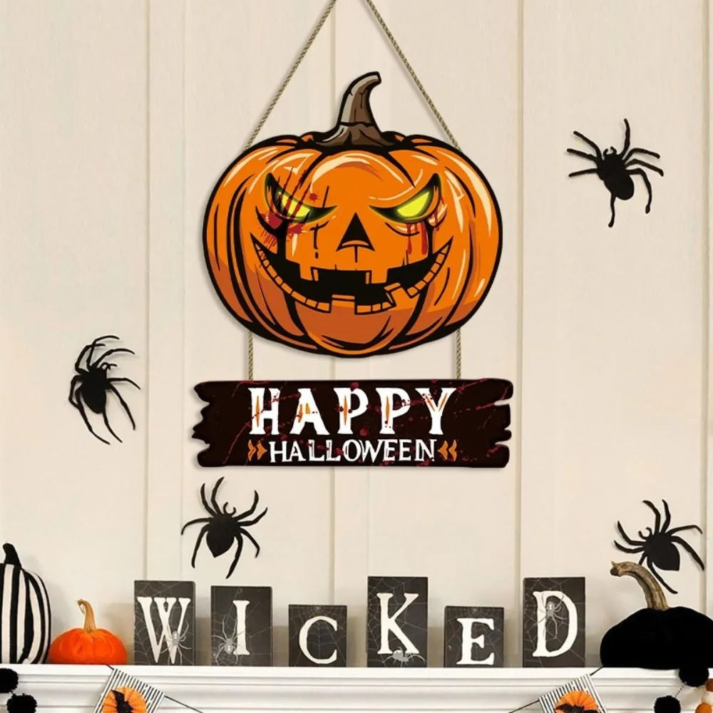 Party Decor Wooden Halloween Pumpkin Door Sign Funny Cute Pumpkin Hanger Wreath Cartoon Creative Door Hanging Pendant Kids