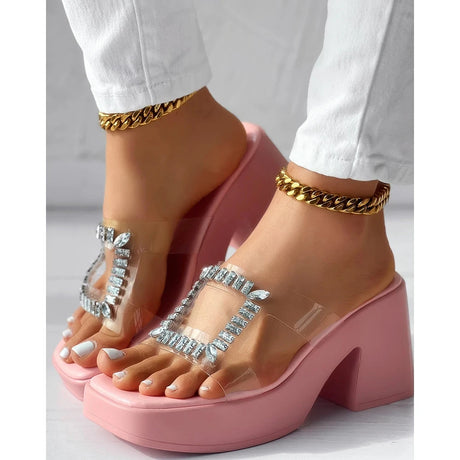 Sandals Women Clear Strap Chunky Heeled Sandals Women Platform Wedges High Heels Shoes Flip Flops Beach Slippers Dress Crystal - Lootquake