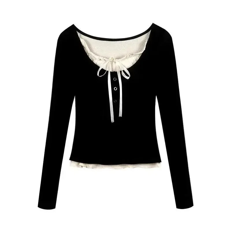 2024 Summer Kawaii Sweet Y2k Crop Tops Woman Casual Slim Long Sleeve Blouse Solid Korean Fashion Bodycon Pullover Office Lady - Lootquake