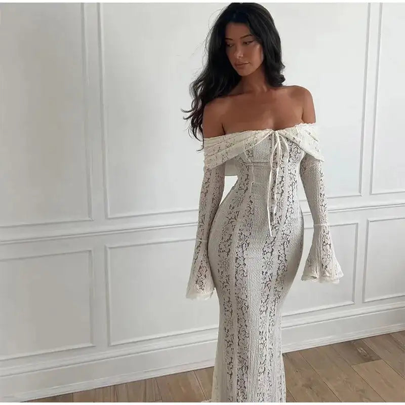 Lace Hollow Out One-shoulder Slim Long Dress For Women Solid Lace Up Waistless Dresses 2024 Chic Sexy Female Party Date Robes - Lootquake