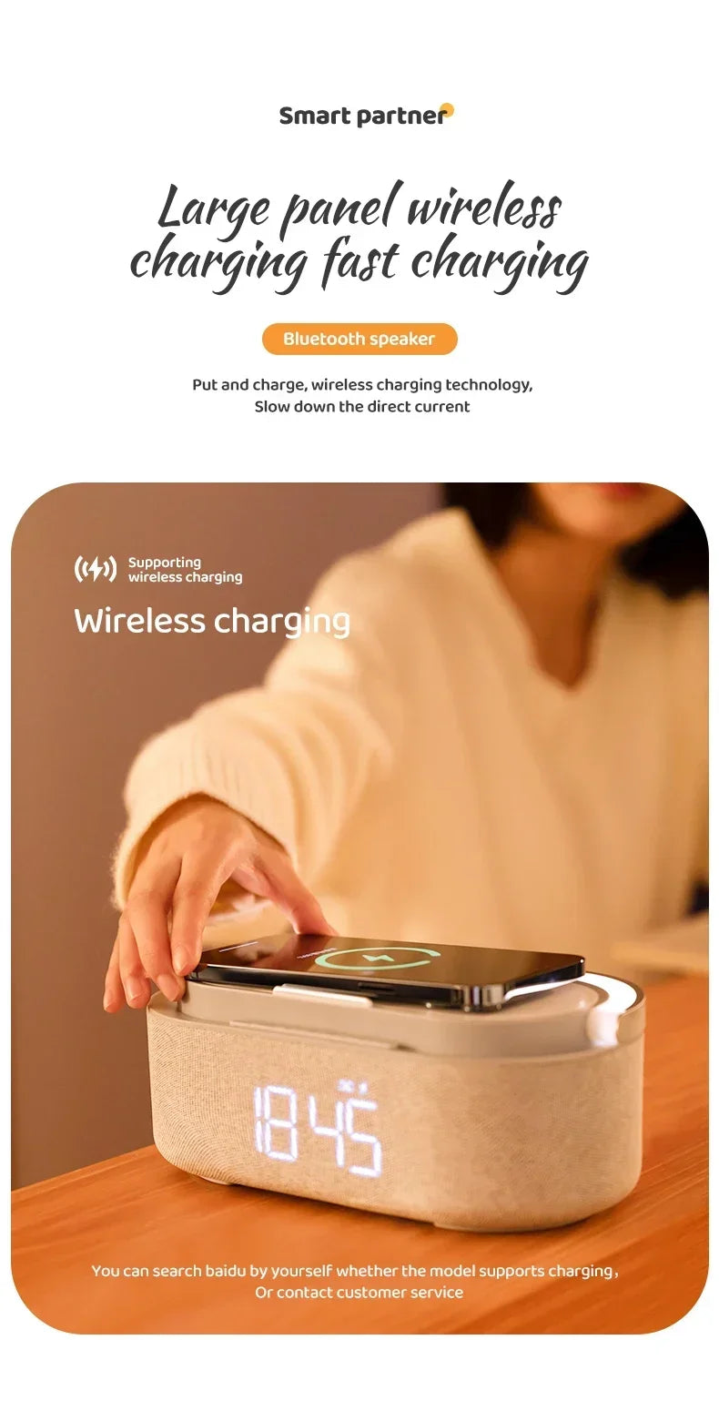 Altavoz Bluetooth, batería de 2500 mAh, compatible con carga inalámbrica de 15 W, reloj digital, pantalla, luz nocturna, despertador, estéreo Bluetooth.