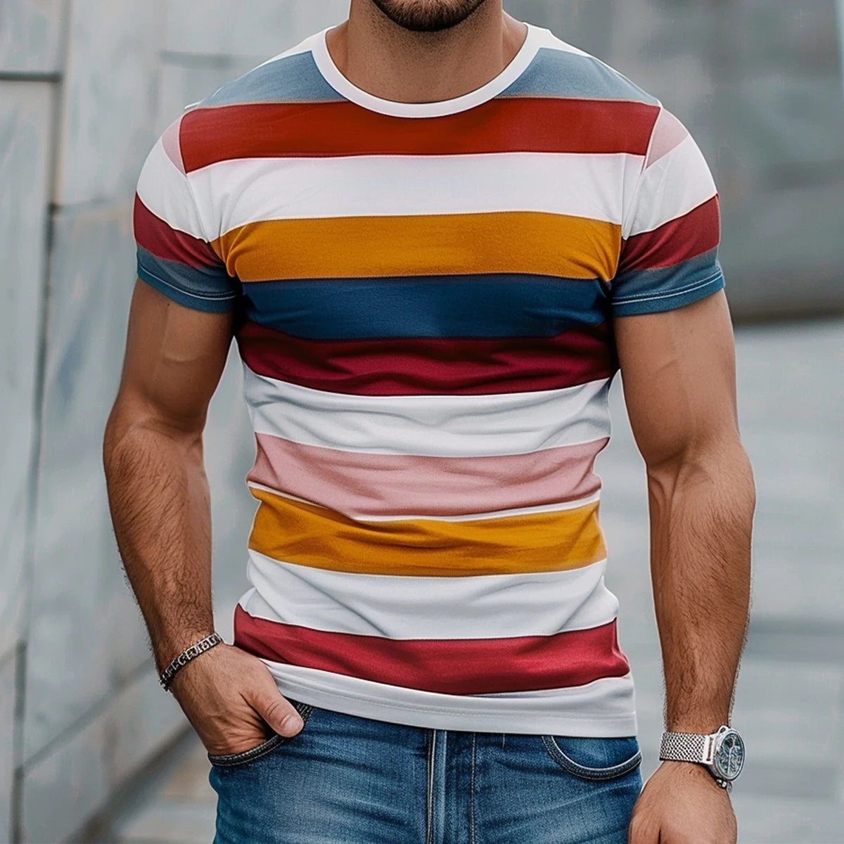 Mens Work Shirts Mens T-Shirts Tops Gifts Mens Womens Everyday Stripe Print Short Sleeve Crew Neck T-Shirt Tops Gym Tops - Lootquake