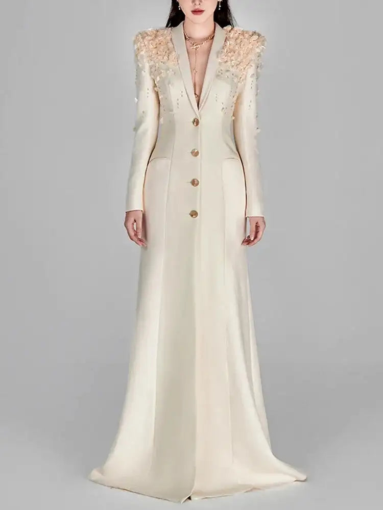 HIGH QUALITY Newest Fashion 2025 Designer Maxi Dresses Women's Long Sleeve Stunning Flowers Appliques Beaded Long Dress - Lootquake