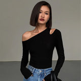 Fashion Skew Collar Off-shoulder Long-sleeved T-shirts Women Spring 2025 New Solid Slim Fit Crop Top Sexy Hollow Out Tees Shirts - Lootquake