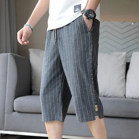 Summer New Trend Cotton Hemp Thin Straight Casual Capris Men Print Stripe Elastic Waist Drawstring Pocket Versatile Loose Shorts - Lootquake