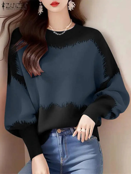 ZANZEA Women Sweatsshirts Spring Long Sleeve Hoodies 2025 Simple Round Neck Pullovers Casual Color Patchwork Harajuku Jumpers - Lootquake