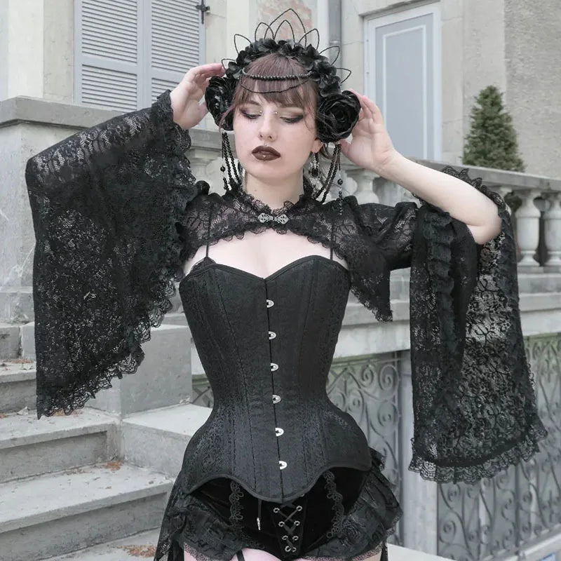 Lace Shrugs Sheer Crop Tops Long Bell Sleeves Cardigan Women Dark Gothic Wedding Punk Sexy Crochet Bolero Cover Up Shirt - Lootquake