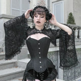 Lace Shrugs Sheer Crop Tops Long Bell Sleeves Cardigan Women Dark Gothic Wedding Punk Sexy Crochet Bolero Cover Up Shirt - Lootquake