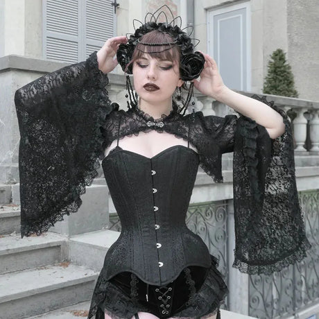 Lace Shrugs Sheer Crop Tops Long Bell Sleeves Cardigan Women Dark Gothic Wedding Punk Sexy Crochet Bolero Cover Up Shirt - Lootquake