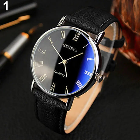 Men Watch Roman Numerals Blu-Ray Faux Leather Band Quartz Analog Business WristWatch 2022 - Lootquake