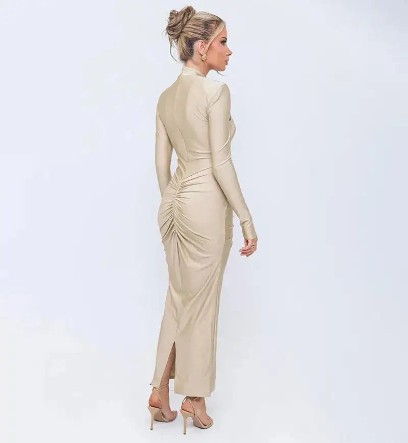 GACVGA Sexy Hollow Out Ruched Maxi Dress For Women 2024 Autumn Winter Long Sleeve Slit Slim Elegant Party Evening Long Dress