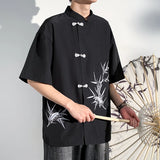 2025 Men Shirt Bamboo Embroried Short Sleeve Loose Summer Streetwear Men Clothing Korean Style Casual Tunic Shirts Plus M-5XL - Lootquake