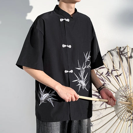 2025 Men Shirt Bamboo Embroried Short Sleeve Loose Summer Streetwear Men Clothing Korean Style Casual Tunic Shirts Plus M-5XL - Lootquake