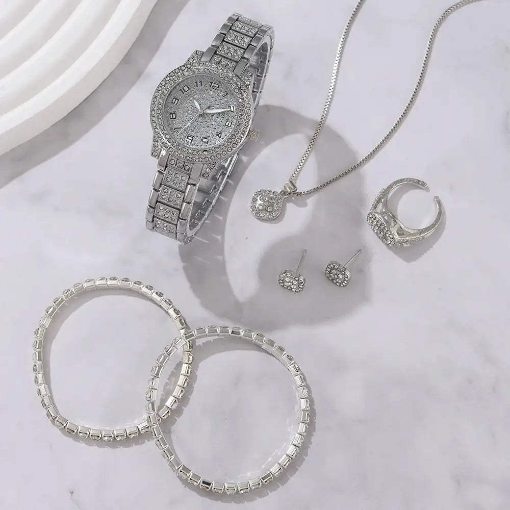 6PCS Women Watch Luxury Elegant Alloy Watch Crystal Wristwatch For Ladies Gift Quartz Watch Alloy Rhinestone Bracelet Montre - Lootquake