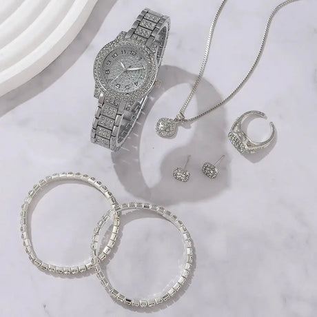 6PCS Women Watch Luxury Elegant Alloy Watch Crystal Wristwatch For Ladies Gift Quartz Watch Alloy Rhinestone Bracelet Montre - Lootquake